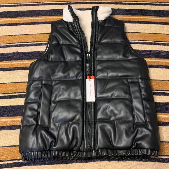 REBECCA MINKOFF Reversible Vest Sherpa Vegan Leather Medium Puffer Moto Punk - Picture 1 of 5